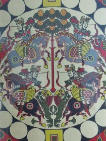日本回流 日本染织工艺大师龙村平藏作《四天王狮猎纹样锦 》框画