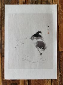 日本回流 日本著名画家 川端玉章《小狗》 （印刷）纸本软片