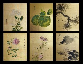 日本回流  日本著名画家 佐藤华岳（华岳斋）《写意山水花卉图》（手绘）纸本卡纸画（共六幅）