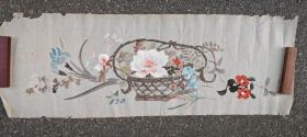 日本回流  日本画家 秀光 《彩色花篮》（手绘）绢本软片1