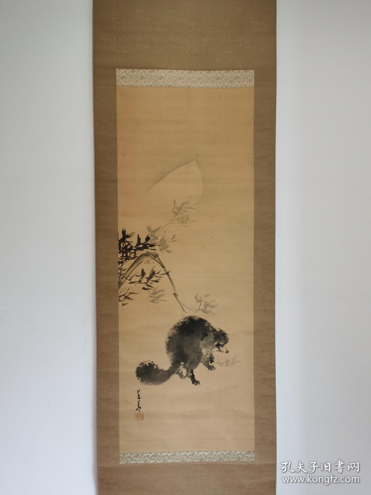 日本回流 日本著名画家 桥本菱华《月下狸》（手绘） 绢本立轴（019）