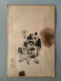日本回流 日本画家 田圣《两个小丑》 （手绘）纸本托片