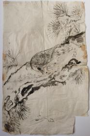 日本回流 日本画 《苍鹰与老松图》（手绘）纸本软片