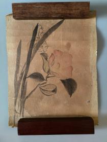 日本回流 日本画 《茶花与水仙花》 （手绘）纸本托片