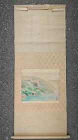 日本回流  日本画家  胜牛《彩色山水画》（茶挂）（手绘）绢本立轴1