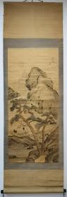 日本回流 日本著名画家 长泽芦雪《 松鹤山水之图》 （手绘）绢本立轴 009