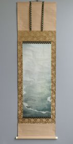 日本回流 日本著名画家 菱田春草《风雨夜归人》（印刷）绢本立轴