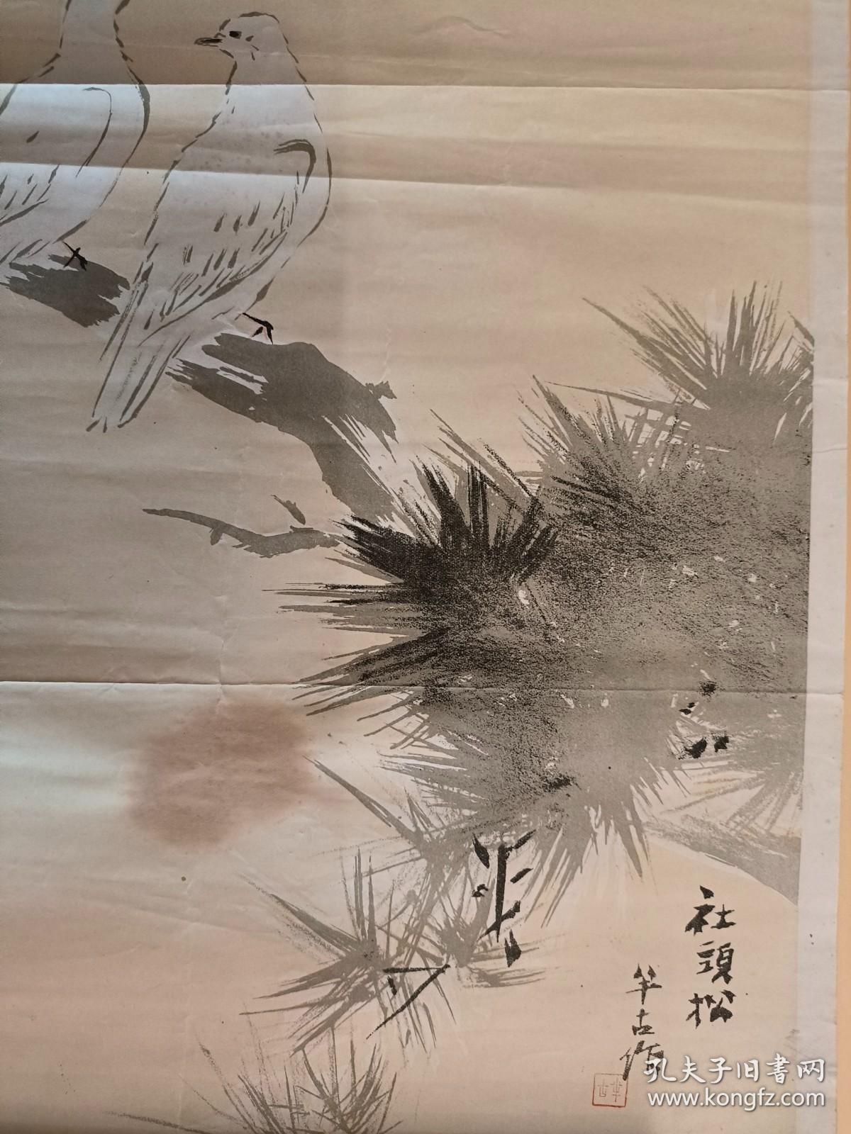 日本回流 日本著名画家 梶田半古 《松与白鸽》 （印刷）纸本软片
