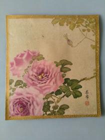 日本回流 日本著名画家 山元春举《月季花》 （印刷）纸本托片