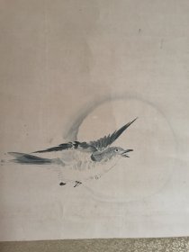 日本回流 日本著名画家 渡边华山《月下飞鸟图》（手绘）（茶挂）纸本立轴 122