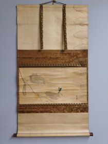 日本回流 日本四条派画家 松村景文《蜻蜓 黄瓜》（手绘） （茶挂）绢本立轴