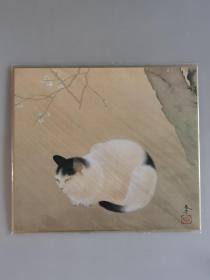 日本回流  日本著名画家 菱田春草《猫梅图》（印刷）纸本卡纸画