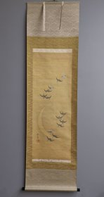 日本回流 日本著名画家 酒井抱一《月下鸟》 （印刷）绢本立轴