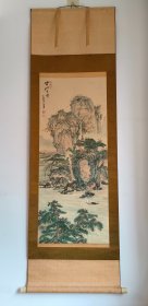 日本回流    石园主人 立康《彩色山水画（云山古寺）》（手绘）绢本立轴（003）