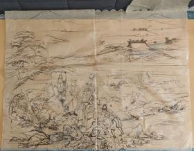 日本回流 日本画 水墨画稿 《山水人物画稿》（手绘）纸本软片
