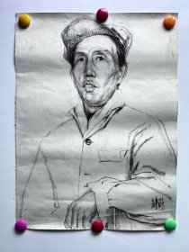 70年代手绘素描速写大幅人像画稿原稿《戴帽子的中年男性》（有签名）