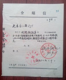 90年代明水县明水镇卫生院张跃亭介绍信（瓦房店二阀门厂）