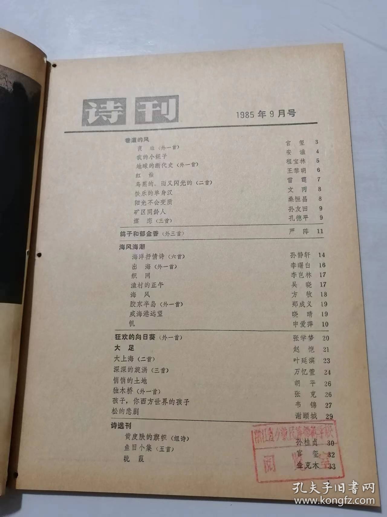 《诗刊》1985年9月10日9月号总第196期 /我的小妮子：安谧/红烛：王黎明/快乐的单身汉：文丙/阳光不会变质：桑恒昌/矿区同龄人：孙友人/织网：李岂林/渔村的正午：吴晓/威海港元望：晓晴/悄悄的土地：胡平/孩子，你西方世界的孩子：韦锦……