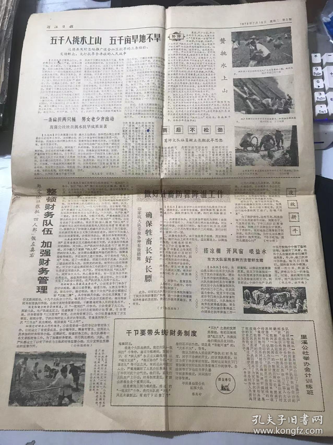 《浙江日报》1978年7月18日第10646号 第一版-第四版 /衢县县委切实抓好教育整顿工作：毛子仲、李春波/一条扁担两只桶 男女老少齐出动：徐渭林/整顿财务队伍 加强财务管理/夜放耕牛：叶小祥/里溪公社举办会计训练班：李得招/打工号印是“不相信群众”吗：叶长水/劳动好是思想好的重要标题：胡文超/必要的处分不是“整群众”：祝荣生/这样的标兵就是该树：冚继红/谈【保险】：志勇、辉忠……