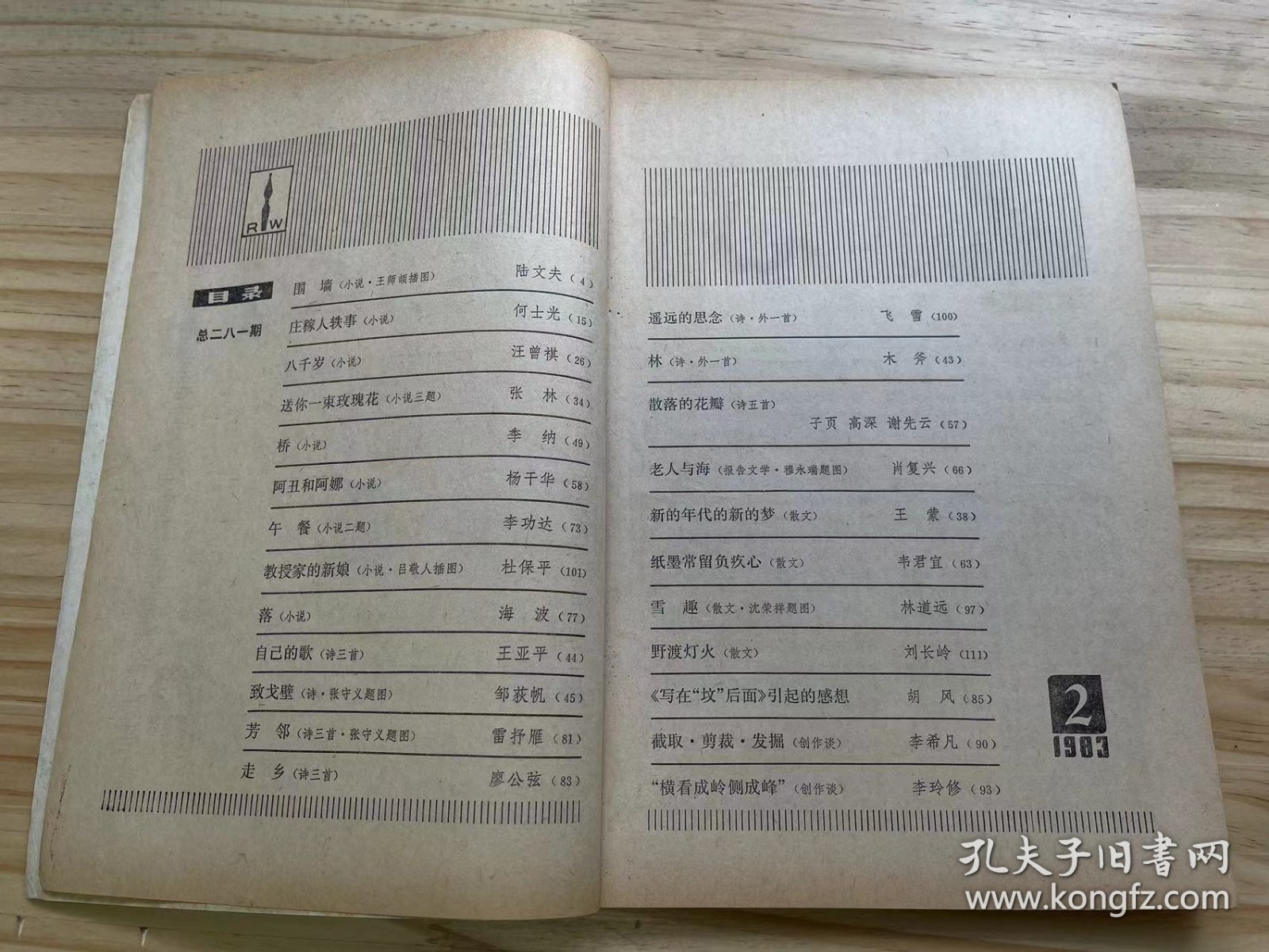 《人民文学 1983 2》庄稼人轶事（小说）、八千岁（小说）、送你一束玫瑰花（小说三题）、阿丑和阿娜（小说）、教授家的新娘（小说·吕敬人插图）、自己的歌（诗三首）、遥远的思念（诗·外一首）、散落的花瓣（诗五首）、新的年代新的梦（散文）、纸墨常留负疚心（散文）.......