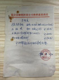 黄岩县糖烟酒菜公司路桥蔬菜商店《核算表》（手写）