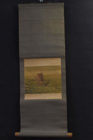 （VH6317）石田吟松（1888 – ？） 通称吟次郎 号吟松 竹马画会会员 绢本手绘《宝船图》装裱立轴画一幅 绫裱 两侧竹轴头 钤印 画心尺寸：20*16cm 立轴尺寸：73*26CM