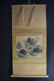 （VH5742）春帆笔 绢本手绘《山水风景图》装裱立轴画一幅 绫裱 两侧树脂轴头 钤印 画心尺寸：39*32CM 立轴尺寸：110*52CM。