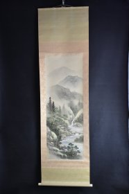 （VH5785）舜堂笔 绢本手绘《山水风景图》装裱立轴画一幅 绫裱 两侧树脂轴头 钤印 画心尺寸：114*41CM 立轴尺寸：193*54CM。