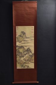 （VH6227）绢本印刷《清董邦达松溪泛月》装裱立轴画一幅 绫裱 两侧木轴头 画心尺寸 95*39CM 立轴尺寸 181*53CM