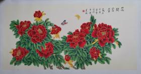 《花开富贵》 花鸟工笔国画，牡丹精品，凌雪，著名工笔女画家，138*68，有合影