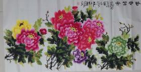 【花鸟国画】 《花开富贵》 张浪伯，职业画家，花鸟国画，牡丹精品，138*68，横幅，宣纸，未装裱。名家真迹，纯手绘保真。