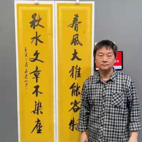 石泰山，河南省书协，行书对联书法 《春风大雅能容物，秋水文章不染尘》 138*34*2，宣纸，手工托底。特惠转让，售出不退不换。包邮（边远特殊地区除外）。
