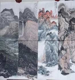 【山水四条屏】张玉强，画家，山水四条屏，138*34*4，四尺对开，四幅