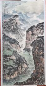 【山水名家  杨仁恩（山东省美术家协会会员）】 《峡尽天开朝日出》 山水国画 名家真迹 纯手绘保真 四尺竖幅，138*68，纸本，手工托底。