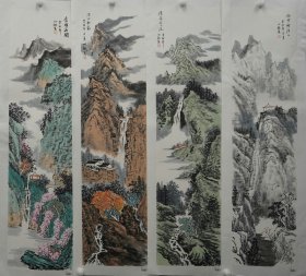 【精品山水四条屏】 《四季山水四条屏》，王世银，江苏省美协会员，山水国画，竖幅，136*34*4，宣纸，已手工托底。