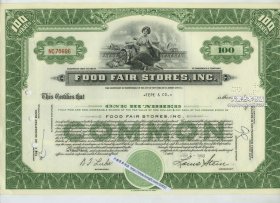 1960年美国Food Fair Stores, Inc. 公司股票100股。雕刻版极其精美，Food Fair Stores 是一家食品杂货店连锁店，成立于 20 世纪 20 年代，在巅峰时期，该公司拥有 500 多家商店。30.4X20.3厘米。