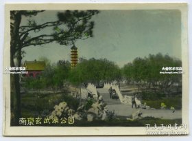 1950年代南京玄武湖莲华正觉寺和诺那塔，上色银盐老照片一张。塔建于1937年。8.4X6.1厘米。泛银。