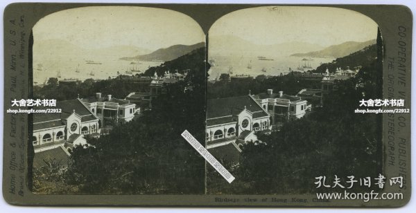 清末民国时期立体照片-- 清代香港山上鸟瞰半山区西洋别墅。