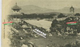 1903年中国广西崇左市龙州西江亭子和塔建筑老明信片，贴邮票于1903年1月实寄过。