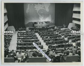 1947年联合国大会会议现场全景老照片，主持会的是第2届会议主席是巴西人奥斯瓦尔多·阿拉尼亚（Oswaldo Aranha）博士。22.8X18厘米