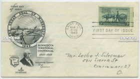 1949年明尼苏达州开疆建立一百周年纪念邮票首日封实寄封一枚