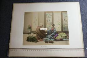 清代日本大幅上色蛋白老照片两张 ,  1）僧人医生为女子把脉治病 ，(和我们国家中医类似)   2）德川幕府家族墓地。