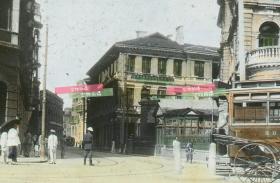 清代民国玻璃幻灯片-----民国早期上海洋房路口的“上海有轨电车”SHANGHAI TRAMWAYS，交通警察值守，上海早期公交