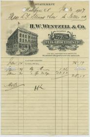 1907年H.W.WENTZELL &Co. 三星茶叶和杂货公司抬头纸商业票据出货清单，21.7X14.3厘米。其当时主营的“三星牌混合茶叶”，号称加拿大最有价值的产品