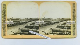 清末民国时期立体照片----1902年庚子事变时期，八国联军俄国人在天津塘沽俘获的清军火炮，可见的就接近有五十门，火炮统一雕花铸造精美，看上去几乎没有使用过。远处是俄国人的兵营。