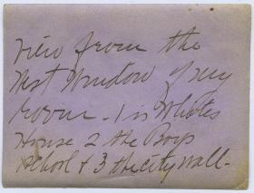 清代江苏淮安清江浦城墙边的民居老照片，清晰可见城墙和附近楼阁屋顶。9.5X7.1厘米（拍摄者标注：从他的窗户外望去，1：当地民居 3：城墙）