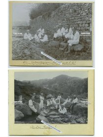 清代德国海军士兵游览山东青岛崂山老照片两张，照片尺寸分别为14X10厘米，15.4X11.3厘米，粘贴在16.2X11.5厘米的册页纸的反正面。 无法单独拆下。B