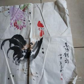 国家一级美术师，吴作人嫡传弟子 霍玉山 金鸡报福图 约48X19CM