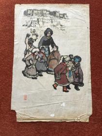 《放学了》建国早期套色版画，吴国亭作，尺寸：39cm×26cm