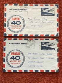 《墨尔本、悉尼致香港实寄航空邮资封》1950-1960年，两枚合售，9x14.8cm，反面为书信